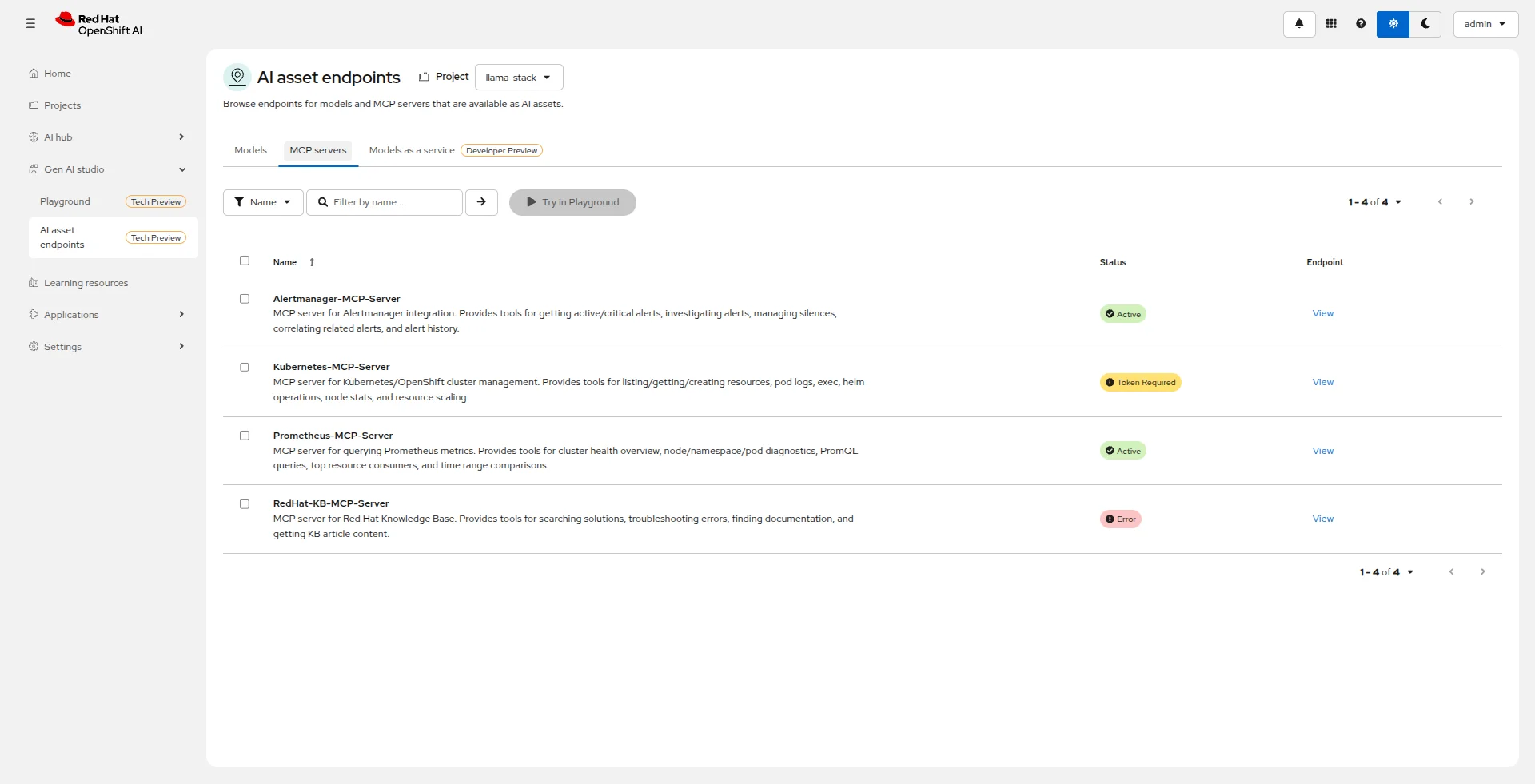 Gen AI Studio showing 4 MCP servers registered, Kubernetes MCP Server displays Token Required error