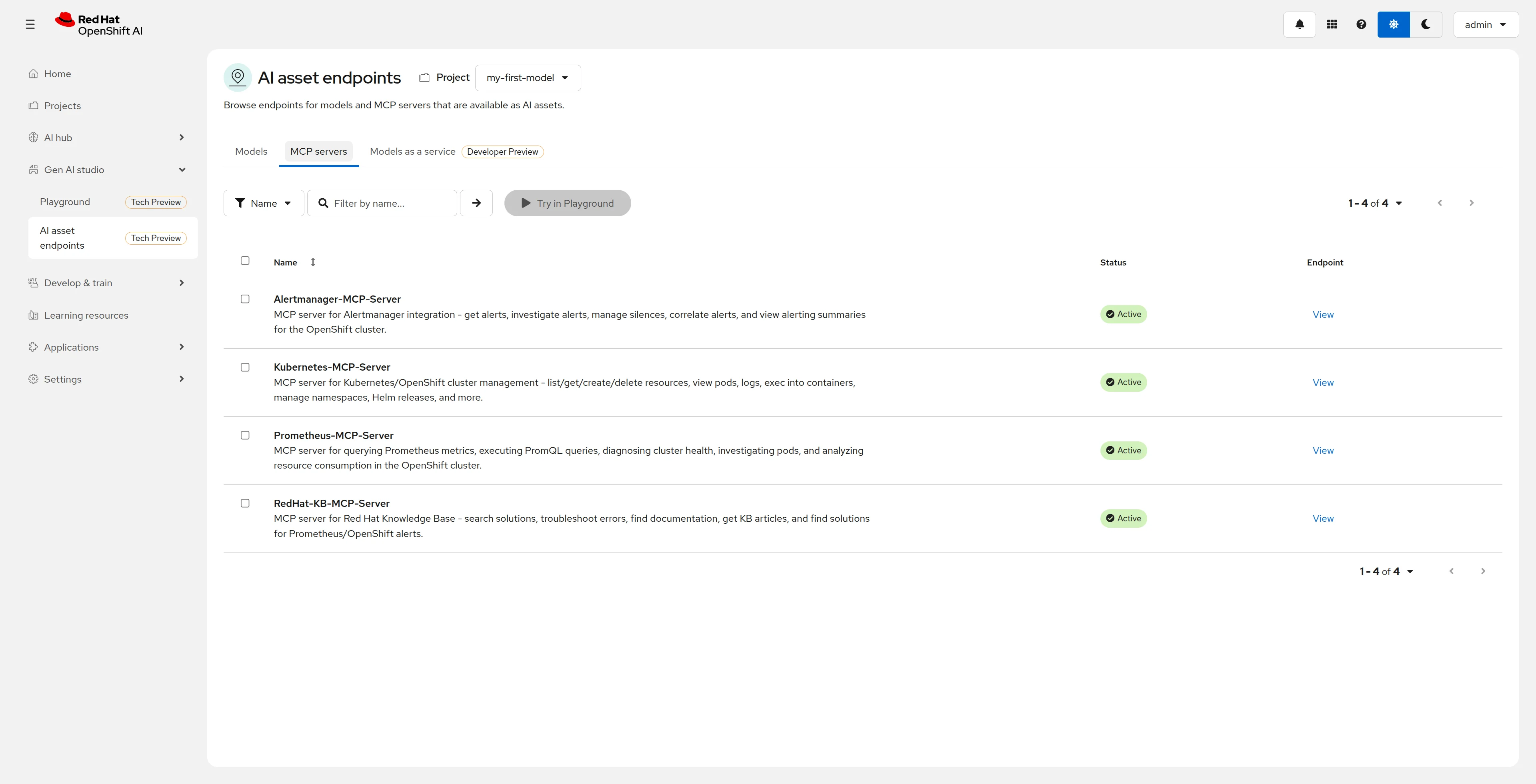 MCP Servers panel in Gen AI Studio showing Prometheus, Alertmanager, Kubernetes and Red Hat KB with Active status