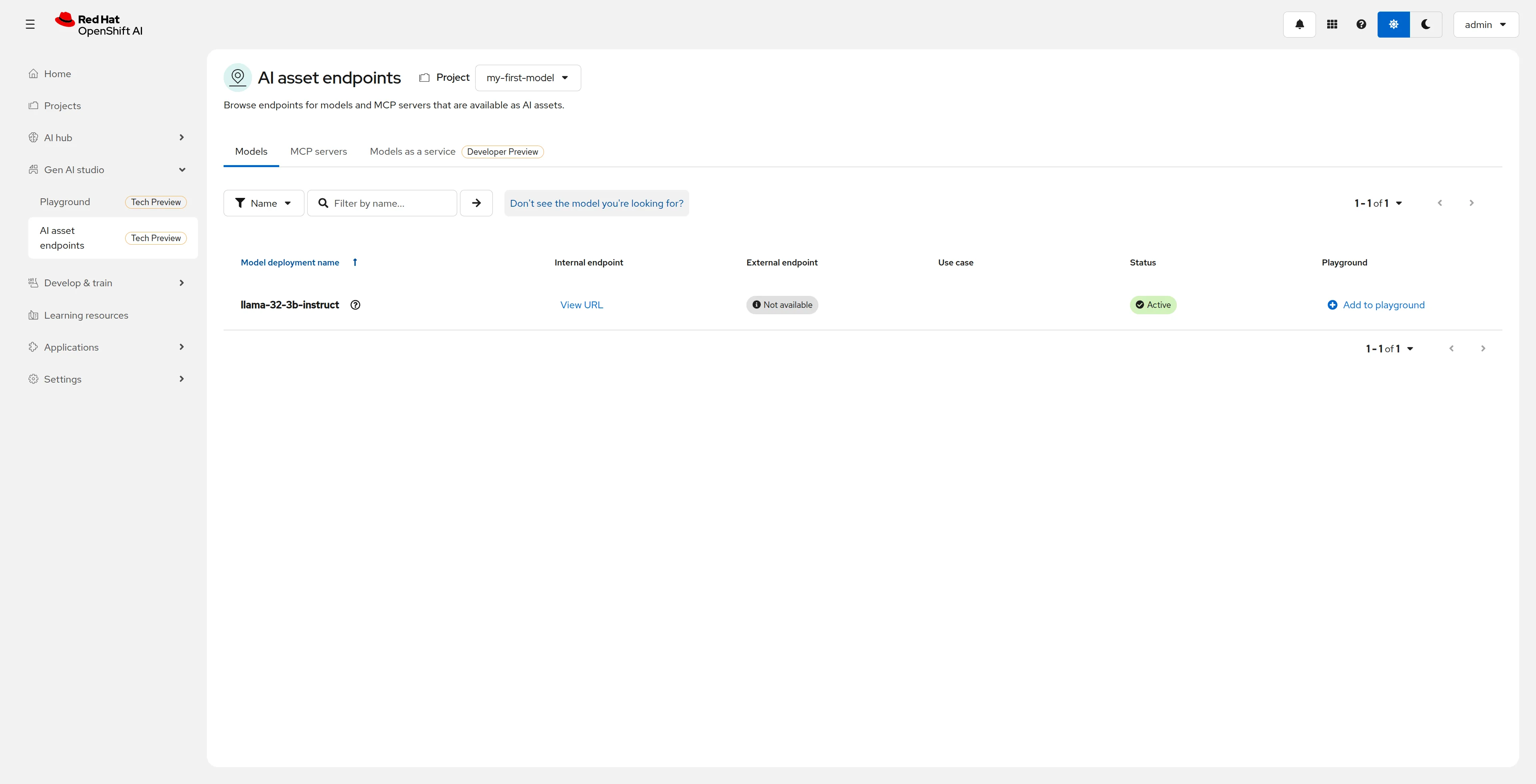 Screenshot of Gen AI Studio showing the Llama 3.2 3B model with Active status in the Models tab
